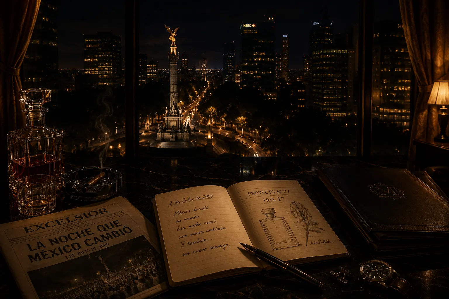Escena nocturna inspirada en la Ciudad de México del año 2000